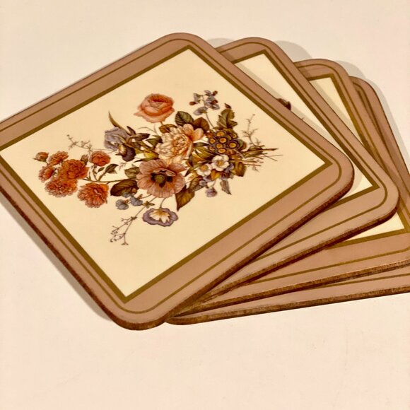 Set of 4 Vintage Floral Coasters with Cork Backing,‎ Made in England - Picture 1 of 8